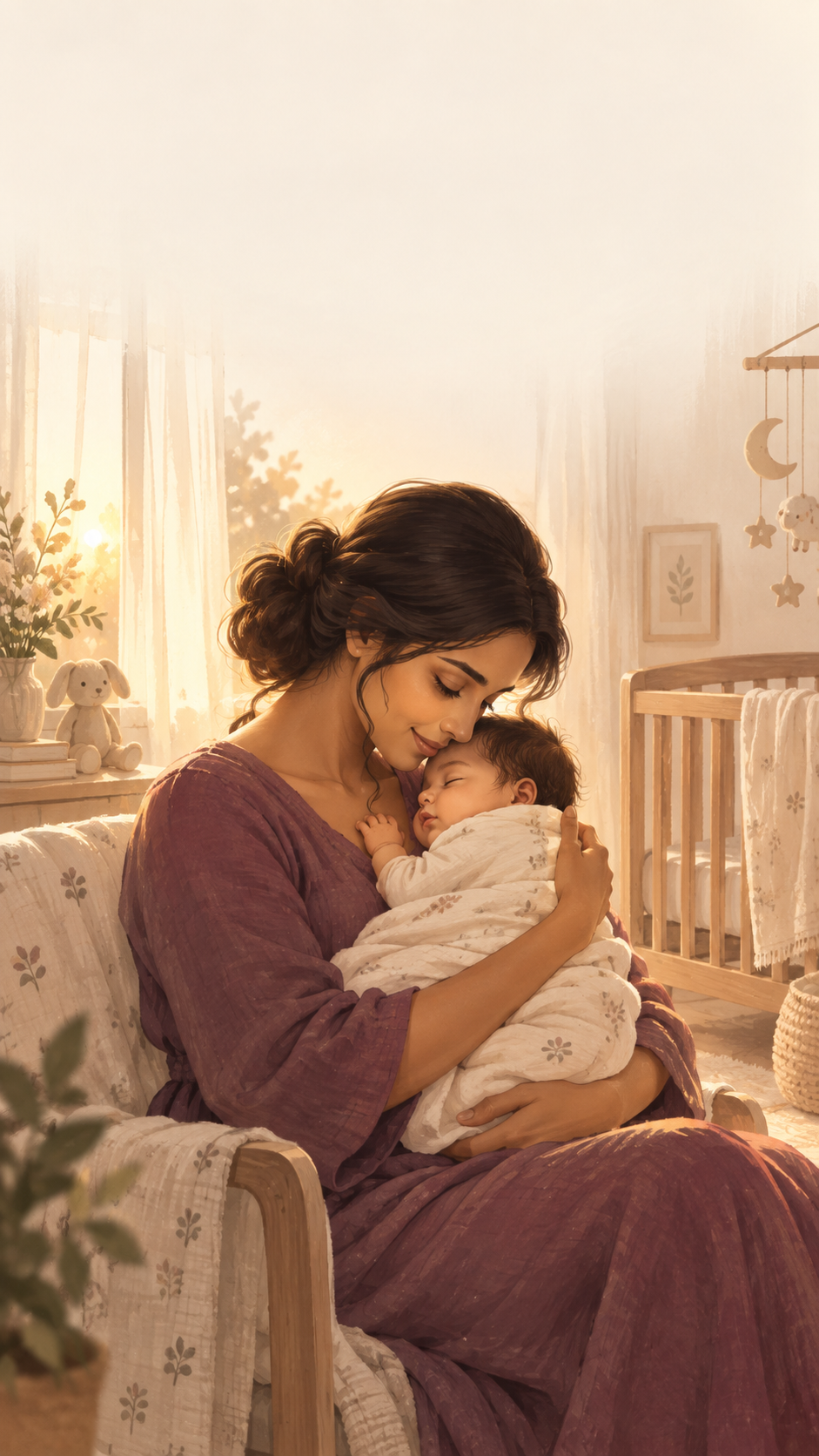 An illustration of a mother gently holding her sleeping baby